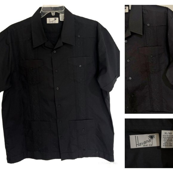 Havana Mens Button Up Shirt XL Black Embroidered Casual Hawaiian Short Sleeve - Picture 1 of 7